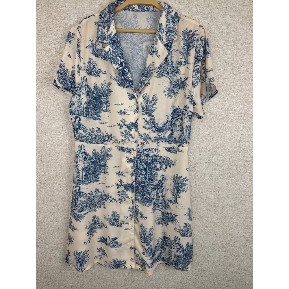 Cider Toile de Jouy Button-Up Mini Dress Size L Blue & Cream  NWT
